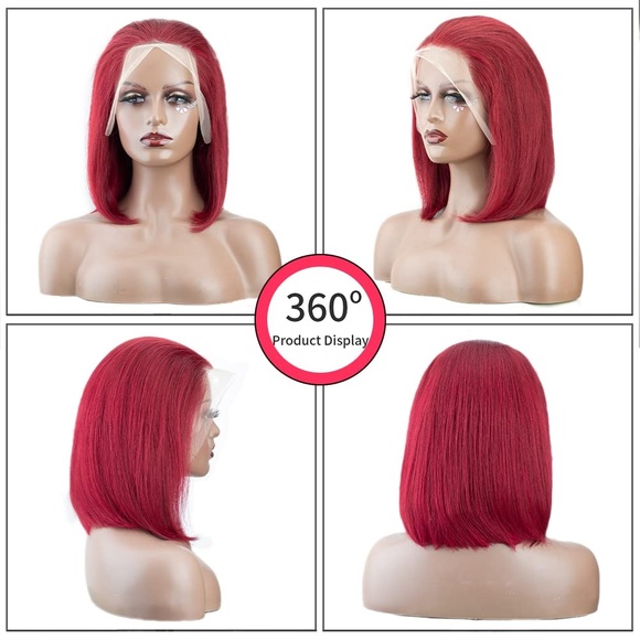 HUMAN HAIR Brazilian Burgundy Lace Frontal 13x4 Bob Wig PrePlucked Hairline 10” - Picture 5 of 12